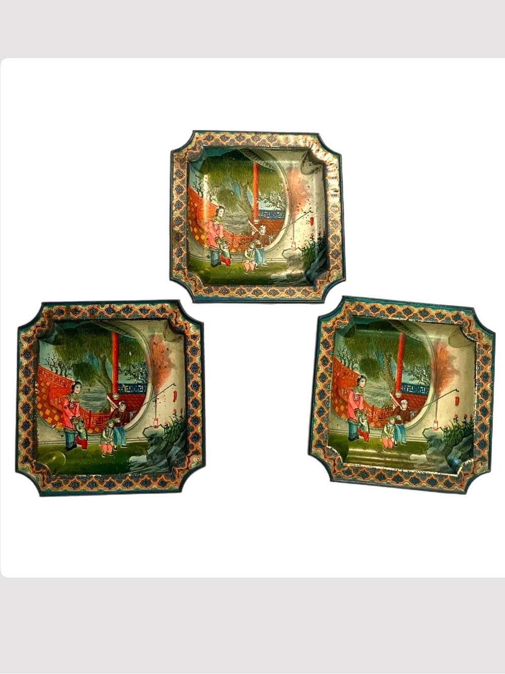 Mid-Century Chinoiserie Tin Lithograph Tip Trays / Coasters - 3pc Set